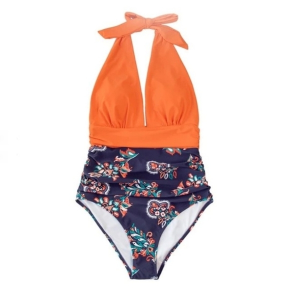 Navy and Orange Floral V Beck Halter - Picture 2 of 5